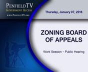 Produced by Town of Penfield Television www.penfieldTV.orgnChairman Daniel DeLaus and board members presentn00:00:12 Call to Order Work Sessionn00:11:06 Call to Order Public Hearing &#124; Chairman Opening &#124; Pledgenn00:13:39 James Kruger, 2206 Baird Road, Penfield, NY 14526 requests an Area Variance from Article III-3-35-D of the Code to allow a larger storage building at 2206 Baird Road. The property is owned by Jennifer and James Kruger and zoned R-1-20. SBL #139.11-3-47. Application #16Z-0001.nAPP