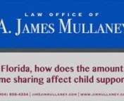 Jacksonville Divorce Lawyer A. James Mullaney discusses how the amount of time sharing affects child support. nnFor more information, visit the website http://www.jimmullaney.comnnThe Florida Statutes allow for a reduction in child support if the paying parent has the child for more than 20% of the nights in a year. 20% is equivalent to 73 nights over the course of a year.nnEach night above 73 will provide a slightly greater reduction of the parent’s child support obligation. So everything els
