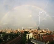 The first part is random strikes I happened to capture on the same night as the triple strike on Willis Tower,Trump International Hotel and Tower and the John Hancock Building (http://vimeo.com/12816548). In the second clip you can kinda hear my neighbors on their balcony yelling after Willis Tower is struck with a giant rainbow in the background.nn1:19 - Is a sped up scene of a giant rainbow forming over the Chicago skyline.nn1:46 - Is the original triple lightning strike video in a 30 second