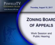 ZONING BOARD OF APPEALS AGENDAnThursday, August 10, 2017, 6:30 PMnDaniel DeLaus, Chairman presidingnSupervisor R. Anthony LaFountain, Town Board Liaison nnPublic Hearing applications:nn1. Timothy Harrington, 1586 Fairport Nine Mile Point Road, Penfield, NY 14526 requests an AreanVariance to allow an Expansion to a Pre-Existing Non-Conforming Structure from Chapter 250-5.1-nF(1) and Chapter 250-7.15-B of the Code to allow a garage addition with less front setback thannpermitted at 1586 Fairport N