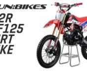 The RF125 Dirt BikennThe RF125 dirt bike is the ideal bike for riders taking the next step up from a mini dirt bike or riders aged 14 and up.nnEquipped with a 125cc engine that inspires confidence due to its imense power delivery, this bike can take anything in its stride!nnFrom field and gravel tracks to a full blown Moto X course, the RF125 will perform splendidly. (For MX we recommend the excellent DNM Rear shock upgrade).nnThe RF125 has a 4 speed manual gearbox with gears being a simple arra