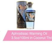 https://www.pinkcherry.com/products/aphrodisiac-warming-oil-3-5oz-100ml-2 (PinkCherry US) nhttps://www.pinkcherry.ca/products/aphrodisiac-warming-oil-3-5oz-100ml-2 (PinkCherry Canada)nnA sweetly seductive Aphrodisiac oil created to greatly enhance the touch of a lovers hands, breath and lips, this silky smooth warming treat can be drizzled and dripped over any pleasure-craving body part.nnDeliciously scented with a flavor to match, Coconut Thrills Aphrodisiac Warming Oil can be licked and nibble