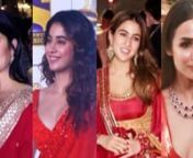 Katrina Kaif, Janhvi Kapoor, Sara Ali Khan or Malaika Arora: Who slayed in RED the most? Katrina is seen in a lehenga with golden work on its border. The colour went beyond just the sartorial choice and was seen as her lipstick shade and bindi as well. Janhvi Kapoor looks like a total stunner in a red Manish Malhotra saree with a beaded blouse. Dewy skin, a pop of highlighter and nude lips completed her look. Sara Ali Khan’s short Anarkali by Abu Jani Sandeep Khosla is the perfect pick for any
