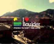 When I first came across the LoveBoulder.org I was immediately inspired by its potential.The city launched, viral media campaign is asking businesses and individuals to share content and raise awareness on Boulder’s general awesomeness.I decided to contribute a quick iPhone 4 tilt-shift time-lapse video I made this weekend. nnCamera: iPhone 4 / Owle MountnnEdited: Final Cut Pro / Tilt-shift Video App nnTrack: Death To The Throne - Trapped In Ft. Bjorknn#iLoveBouldernnhttp://loveboulder.org