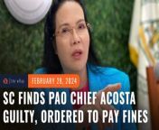 The Supreme Court unanimously finds Public Attorney’s Office chief Persida Acosta guilty of indirect contempt and grossly undignified conduct prejudicial to the administration of justice.&#60;br/&#62;&#60;br/&#62;Full story: https://www.rappler.com/philippines/sc-decision-pao-chief-persida-acosta-guilty-indirect-contempt-pay-fine/&#60;br/&#62;