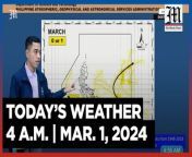 Today&#39;s Weather, 4 A.M. &#124; Mar. 1, 2024&#60;br/&#62;&#60;br/&#62;Video Courtesy of DOST-PAGASA&#60;br/&#62;&#60;br/&#62;Subscribe to The Manila Times Channel - https://tmt.ph/YTSubscribe &#60;br/&#62;&#60;br/&#62;Visit our website at https://www.manilatimes.net &#60;br/&#62;&#60;br/&#62;Follow us: &#60;br/&#62;Facebook - https://tmt.ph/facebook &#60;br/&#62;Instagram - https://tmt.ph/instagram &#60;br/&#62;Twitter - https://tmt.ph/twitter &#60;br/&#62;DailyMotion - https://tmt.ph/dailymotion &#60;br/&#62;&#60;br/&#62;Subscribe to our Digital Edition - https://tmt.ph/digital &#60;br/&#62;&#60;br/&#62;Check out our Podcasts: &#60;br/&#62;Spotify - https://tmt.ph/spotify &#60;br/&#62;Apple Podcasts - https://tmt.ph/applepodcasts &#60;br/&#62;Amazon Music - https://tmt.ph/amazonmusic &#60;br/&#62;Deezer: https://tmt.ph/deezer &#60;br/&#62;Stitcher: https://tmt.ph/stitcher&#60;br/&#62;Tune In: https://tmt.ph/tunein&#60;br/&#62;&#60;br/&#62;#TheManilaTimes&#60;br/&#62;#WeatherUpdateToday &#60;br/&#62;#WeatherForecast