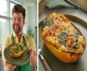 Comfort food has never been so cozy (and healthy). In this video, Matthew Francis shows you how to make a Cheesy Spinach-&amp;-Artichoke Stuffed Spaghetti Squash in under 30 minutes. Matthew recommends that you roast the squash in an oven beforehand, but the microwave will also work. Each spaghetti squash is scooped out and filled with a creamy mixture that’s reminiscent of spinach and artichoke dip. Covered with gooey cheese and able to be eaten without silverware, this dinner dish is both comforting and low in calories.