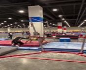 This gymnast was so enthusiastic to perform the flip tricks that they missed their rhythm. They started off by successfully performing the first flip on the bar, but the second flip came short, causing them to fall face first.&#60;br/&#62;&#60;br/&#62;*The underlying music rights are not available for license. For use of the video with the track(s) contained therein, please contact the music publisher(s) or relevant rightsholder(s).