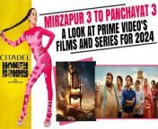 Amazon Prime Video announces its upcoming slate of Indian shows and films &#39;Citadel&#39; Indian version&#39;, &#39;Panchayat 3&#39; and &#39;Mirzapur 3&#39;, among others are on the line-up. Other series such as &#39;Gulkanda 3&#39;, &#39;Call Me Bae&#39;, &#39;The Tribe&#39; and &#39;Daldal&#39; will also release on the platform. The list features 40 original series and movies, and 29 films that will stream on the platform post-theatrical release, all across Hindi, Tamil and Telugu languages. Watch Video To Know More. &#60;br/&#62; &#60;br/&#62;#Mirzapur3 #Panchayat3 #PataalLok2 #PrimeVideoSlate2024 &#60;br/&#62;&#60;br/&#62;~PR.133~ED.134~