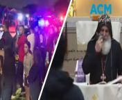 Riot police clashed with hundreds of locals outside the Waverley Assyrian church after the 15-year-old appeared on the mass live stream stabbing toward the bishop&#39;s head multiple times.