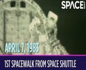 On April 7, 1983, astronauts took the first spacewalk outside of a space shuttle during mission STS-6. &#60;br/&#62;&#60;br/&#62;This was the maiden voyage of the space shuttle Challenger. The goal of this mission was to deploy the first Tracking and Data Relay Satellite, TDRS-1. NASA now uses a whole fleet of these satellites to relay communications between spacecraft in orbit and ground stations down on Earth. NASA astronauts Don Peterson and Story Musgrave spent 4 hours and 17 minutes working in the vacuum of space while doinga series of tests in the shuttle&#39;s payload bay. This was also the first time that NASA&#39;s Extravehicular Mobility Unit was worn by astronauts in space.