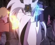 Naruto and Sasuke go on the offensive, activating their chakra mode and dōjutsu respectively, and Momoshiki manifests a weapon to counter them. Sasuke unseals a fūma shuriken, which he electrifies, and guides at Momoshiki with wires. Naruto multiplies them.Momoshiki narrowly avoids a fūma shuriken that comes from underground, breaking through the God Tree stump they&#39;re fighting on. The fūma shuriken is a transformed Naruto, who throws a Rasenshuriken at Momoshiki. Just before it hits, the Rasenshuriken transforms back into Sasuke. Momoshiki binds Sasuke with manifested chains, but Sasuke switches places with Momoshiki, leaving him bound and open to a strike by Naruto. Sasuke uses the opportunity to trap Momoshiki with Chibaku Tensei. Momoshiki breaks free by manifesting a wooden dragon, which Naruto and Sasuke break. Momoshiki lands on the God Tree stump, using it to manifest more wooden dragons. One of them catches Sasuke, and Momoshiki channels an explosion through it. Naruto manifests Kurama and protects Sasuke. Momoshiki coalesces the rocks around into a monkey in retaliation. Sasuke armours Naruto with Susanoo, and they cut through Momoshiki&#39;s monkey. Boruto watches the fight in awe. Naruto and Sasuke power down, and the other Kage ask if they&#39;re done. Kurotsuchi wants to use a flashy jutsu to end him, but Chōjūrō and Gaara point out he&#39;d absorb them and regain strength. Katasuke arrives with Kōsuke, and against the others&#39; warnings, fires several ninjutsu at Momoshiki with the Shinobi Gauntlet. Momoshiki absorbs them, regaining strength, and uses the absorbed jutsu against them. Gaara protects the group with his sand, but before they can strike back, Momoshiki paralyses them with an absorbed Nara shadow ninjutsu, and for extra measure, pins Naruto down with black receivers. Boruto remembers Sasuke&#39;s words from before, and on Sasuke&#39;s command, throws his Rasengan. Naruto wonders when Boruto learned it, while Momoshiki thinks he should have stayed out of sight. He prepares to absorb it, but it vanishes before reaching him, so he turns his attention back to the shinobi. Boruto&#39;s attack connects, breaking Momoshiki&#39;s hold on the others. Sasuke explains to Naruto how he trained Boruto on the condition he learned the Rasengan. Momoshiki consumes more chakra pills to power up for decisive attack. Naruto tells Boruto to make another Rasengan, and adds his chakra to enlarge it. Sasuke distracts Momoshiki, throwing his sword and switching places with it to get close. Sasuke&#39;s sword is a transformed Boruto, who throws a kunai. Momoshiki catches it, and Sasuke switches it with his Chidori, so Momoshiki strikes his own arm, while Sasuke uses the kunai to stab the Rinnegan on his hand, preventing him from using it to absorb jutsu. Boruto uses clones to distract Momoshiki, allowing his real self to attack with the Naruto-powered Rasengan. Momoshiki counters with a similar attack, but Boruto prevails.