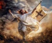 Prompt Midjourney : A joyful image of the resurrected Jesus Christ. Victory banner in hand. Hyperrealistic photo. --v 6.0