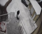 While leaving for work, a man slipped on a thin layer of ice that had formed after a cold, wet night in Canada, USA. He slid the whole way down the stairs after taking the first step, but eventually stood up, dusting himself off.