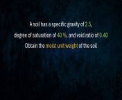 A soil has a specific gravity of 2.5, degree of saturation of 40%, and void ratio of 0.40.&#60;br/&#62;Obtain the moist unit weight of the soil&#60;br/&#62;-&#60;br/&#62;&#60;br/&#62;kung nagustuhan po ninyo ang video,&#60;br/&#62;or if nakatulong sa inyo itong video na toh..&#60;br/&#62;paki pindutin lang po ang &#92;