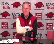 Arkansas Razorbacks coach Sam Pittman with the media after spring practice Thursday on the field at Razorback Stadium to wrap up the week&#39;s drills ahead of spring break in Fayetteville, Ark., next week.