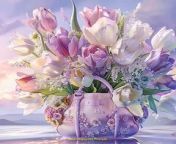 Prompt Midjourney : A graceful ladies handbag filled with a lush bouquet of tulips in complex and delicate shades of soft lilac and white, adorned with sparkling dewdrops against a background of dawn, is presented in a magical composition in pastel transparent colors. This work of hyper-realism in high resolution, created using UE 5, CGI, f/16, 1/300s, 64k, is highly detailed and photorealistic. The bright and juicy image of a handbag with a bouquet of tulips under sunlight in the background, with bright lighting, is aesthetically captured in the style of professional photography