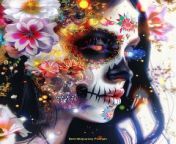 Prompt Midjourney : a digital airbrushed illustration of an ultra realistic beautiful woman with long colorful white black, half her face is covered in skull makeup and the other side has flowers, white and gold lights palette, vivid colors, vibrant, high contrast, sharp focus, detailed, intricate details, hyperrealistic