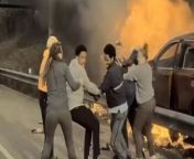 Dramatic footage shows a group of good samaritans pulling a man out of car engulfed in flames.&#60;br/&#62;&#60;br/&#62;The footage was filmed along the Interstate 94 near St Paul, Minnesota, USA.&#60;br/&#62;&#60;br/&#62;Kadir Tolla, whose dashcam recorded the rescue, was on his way to visit clients on April 18 when he saw the crash along the I-94.